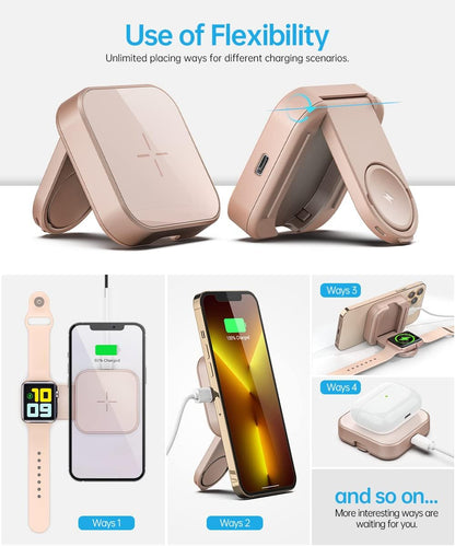2 in 1 Magnetic Wireless Charger, Folding Dual Fast Magnetic Wireless Charging Station Stand Compatible with Iphone 13/12/ Pro Max/Mini/Apple Watch Se/7/6/5/4/3/2/1