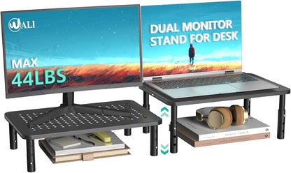 Dual Monitor Stand for Desk, Desk Monitor Riser 3 Height Adjustable, Laptop Riser with Airflow Vents, Desk Organizer for Computer, Laptop, Printer, Notebook (STT003-2), 2 Pack, Black